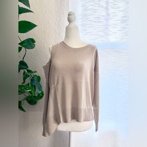 UNIQ Soft Knit Taupe Long Sleeve Cold Shoulder Top With Asymmetrical Hem